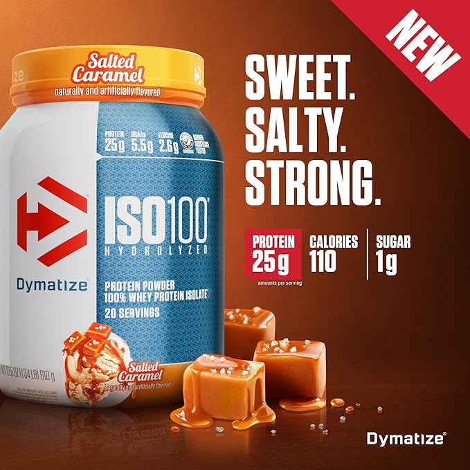 Dymatize ISO100 Whey Protein Powder Isolate, Salted Caramel, 25g of Protein, 5.5g BCAAs, Less Than 120 Cal., Gluten Free, 1g Fat, 1g Sugar, 2g Carb (20 Servings)