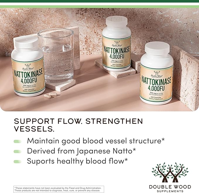 Nattokinase Supplement 4,000 FU Servings, 240 Capsules (Derived from Japanese Natto) Systemic Enzymes for Cardiovascular and Circulatory Support by Double Wood