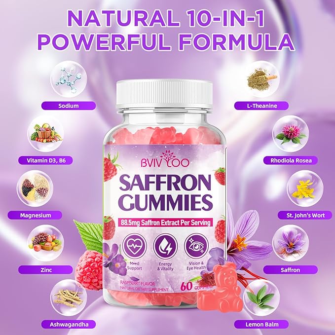 Saffron Gummies for Adult Kids, 10-IN-1 Formula with Saffron 88.5mg, Vitamins D3 & B6, Magnesium, Zinc, Ashwagandha, L-Theanine, St. John's Wort - Supports Mood & Focus, Raspberry Flavor, 120 Count