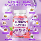Saffron Gummies for Adult Kids, 10-IN-1 Formula with Saffron 88.5mg, Vitamins D3 & B6, Magnesium, Zinc, Ashwagandha, L-Theanine, St. John's Wort - Supports Mood & Focus, Raspberry Flavor, 60 Count