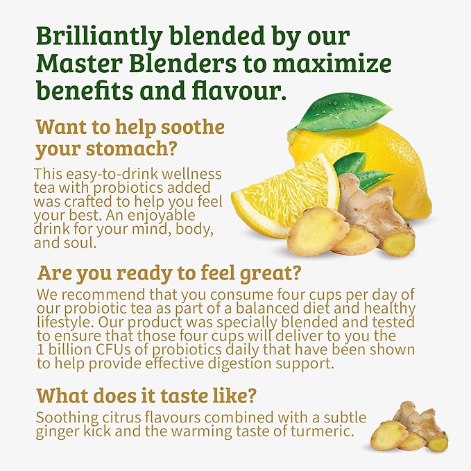 Twinings Lemon & Ginger with Probiotics Flavoured Herbal Tea, Supports Healthy Digestion, Naturally Caffeine-Free, 18 Tea Bags (Pack of 1), Enjoy Hot or Iced, 18 Teabags