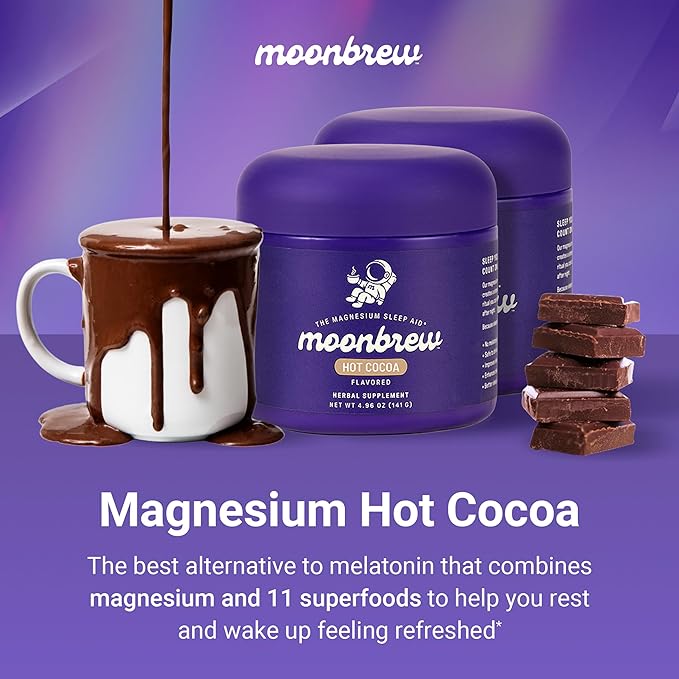 MoonBrew Nighttime Magnesium Hot Cocoa, Natural Sleep Aid Drink Mix for Adults, 2-Pack - Calming Melatonin-Free Sleep Support - Sleepy Hot Chocolate Powder with L-Theanine, Chamomile & Zinc Glycinate