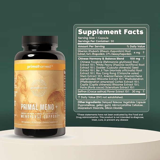 Primal Harvest Meno+ Menopause Support with Saffron & Chinese Herbs Support Mood, Menopausal Symptom Relief, & General Well-Being (1 Pack)
