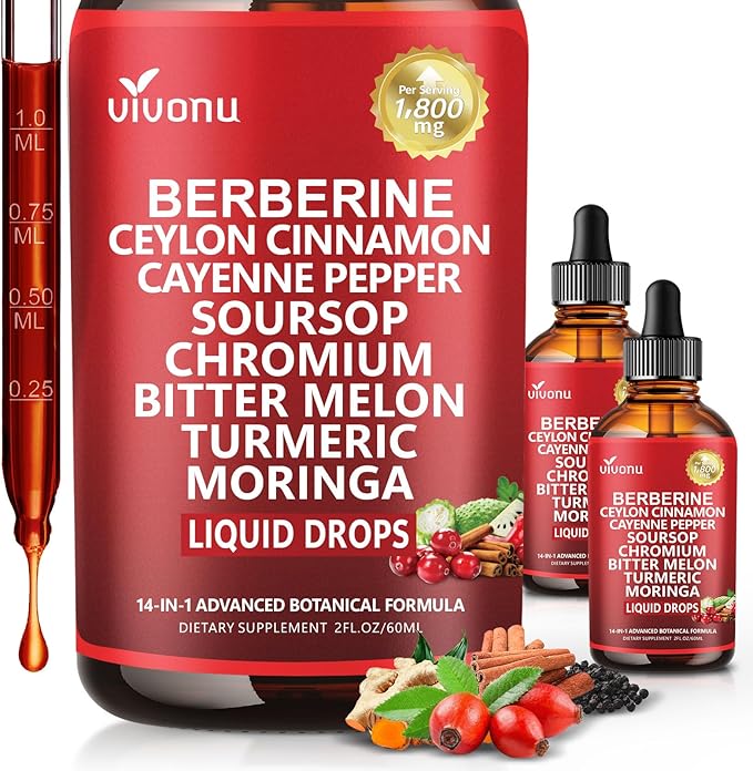14-in-1 Berberine with Ceylon Cinnamon Supplement Liquid Drops, 1800mg + 30:1 Liposomal Tech with Cayenne Pepper Soursop Chromium Bitter Melon Turmeric Moringa Gymnema Glucomannan, GLP Support 2Bottle