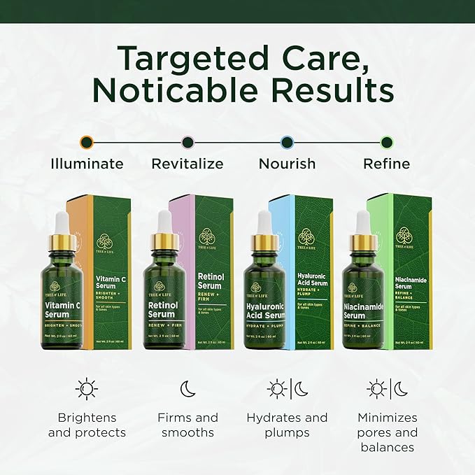 Tree of Life Beauty Facial Skin Care Set, Brightening, Firming & Hydrating Face Serums for Sensitive Skin - Niacinamide, Vitamin C, Retinol & Hyaluronic Acid, Dermatologist Tested, 1 Fl Oz (Pack of 4)