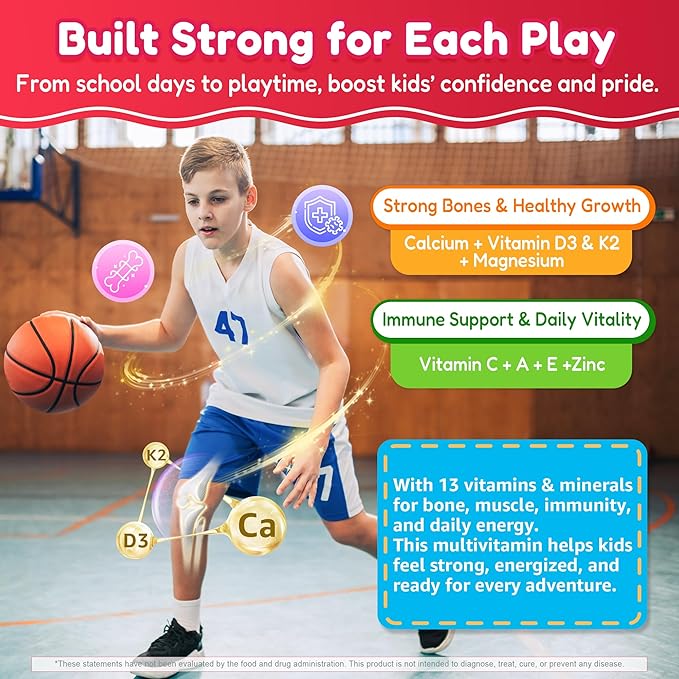 Kids Multivitamin Gummies + Iron, Omega 3, Probiotic, Fiber, Vitamins A C D3 E, K2, Methylfolate, Calcium, Choline, Kids Vitamins Multivitamin for Growth, Immune, Bone, Brain, Focus, No Sugar, 60 Cts