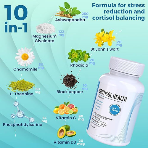 10-in-1 Cortisol Supplements with Magnesium, Ashwagandha, Chamomile, L-Theanine, St. John's Wort, Rhodiola, 60 Capsules, Cortisol Supplements For Women -& Men, Cortisol Reducer, High cortisol