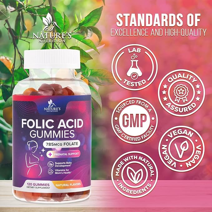 Folic Acid Gummies for Women - Folate 785 mcg Per Serving - Essential Prenatal Vitamins for Mom & Baby, Vegan Folic Supplement Gummy, Daily B9 Vitamin, Before During After Pregnancy - 120 Gummies