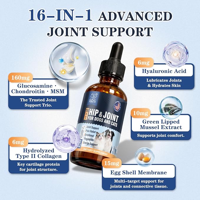 16-In-1 Glucosamine for Dogs & Cats, Liquid Hip & Joint Supplement, Collagen Drops with Chondroitin+MSM+Hyaluronic Acid Supplement Mobility Senior Dogs Pain Relief Helps All Breeds Made in USA 120ml