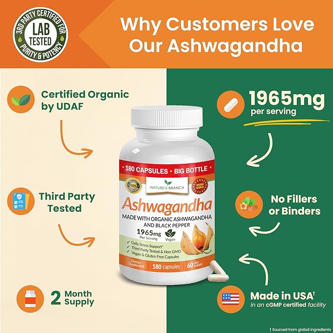 UDAF Certified Organic Ashwagandha with Black Pepper, 1965mg - Extra Strength for Stress, Sleep, Mood, Thyroid, Energy, Hair, Vegan Pure Root Extract Powder Supplement for Men and Women | 180 Capsules