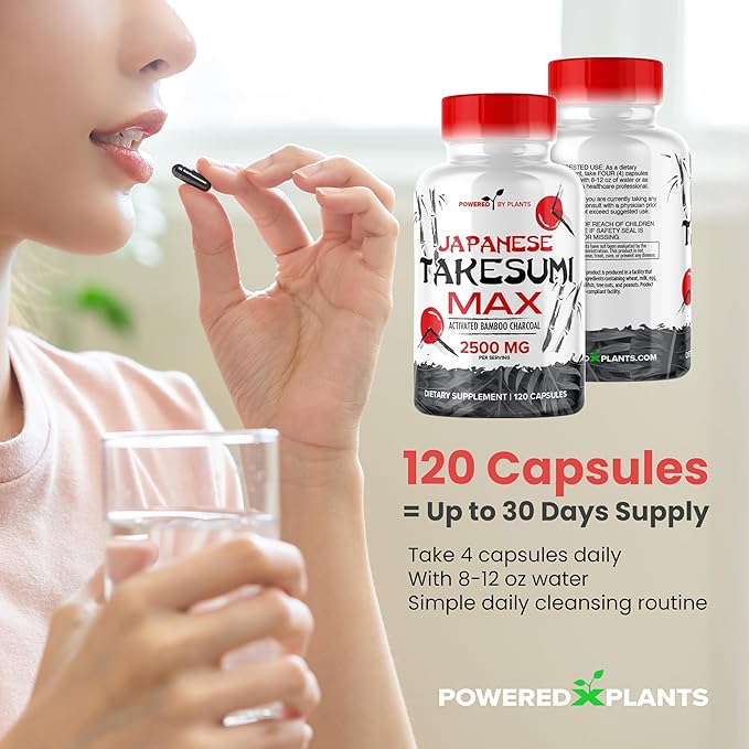 Takesumi Activated Charcoal Capsules 2500MG - Pure Activated Charcoal Supplement from Bamboo for Max Absorption, Detox & Gut Nutrition - 120 Vegetarian Capsules by Powered X Plants