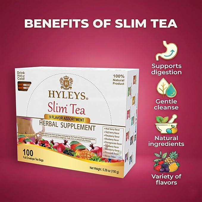 HYLEYS Slim Tea 9 Flavor Assortment 100 Ct - Weight Loss Herbal Supplement Cleanse and Detox - 100 Tea Bags (1 Pack) - Herbal Tea Variety Pack