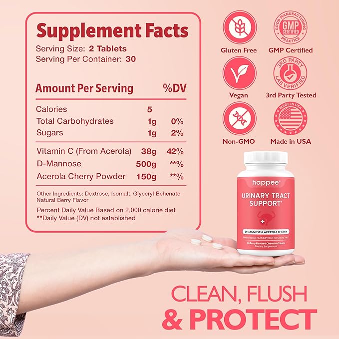 Happee Urinary Tract Health Supplement for Women & Men – Fast-Acting UTI Relief and Prevention, 500mg D-Mannose & Antioxidants, Supports Kidney and Bladder Health, Berry Flavor, 60 Chewables