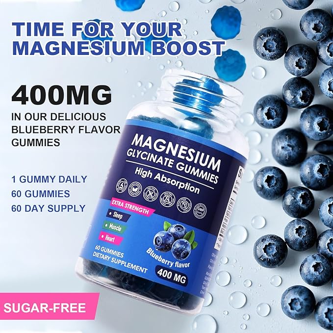 Blueberry Flavor Magnesium Glycinate Gummies 400mg – High Absorption Supplement for Adults and Kids, Sugar Free, Gelatin Free, Vegan Friendly, 60 Day Supply (60, Blueberry)