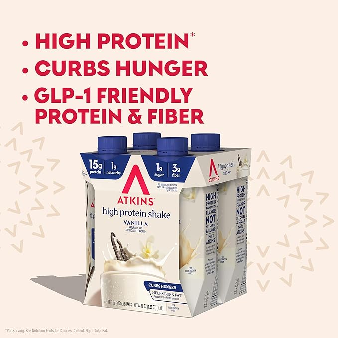 Atkins Vanilla High Protein Shake, 15g Protein, Low Glycemic, Low Carb and Low Sugar Protein Shakes, Keto Friendly Ready to Drink Shakes, 12 Vanilla Flavored Protein Shakes