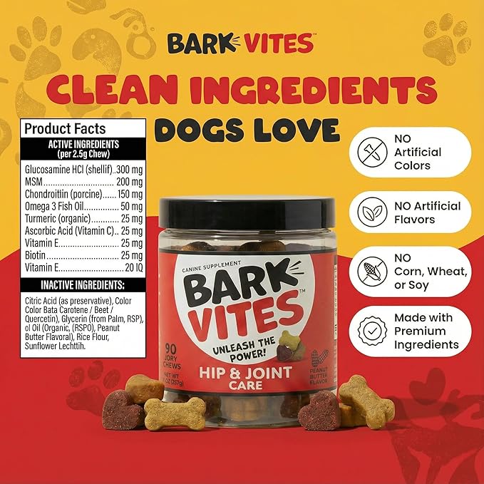 Hip & Joint Supplement for Dogs - Glucosamine, MSM, Chondroitin & Omega-3 Chews with Turmeric & Vitamin E for Mobility, Comfort & Anti-Inflammatory Support, 90ct
