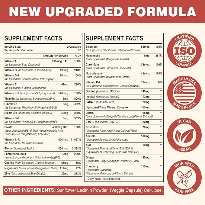 Liposomal Multivitamin for Women 50+ - Women Daily Multivitamin with 32 Ingredients, CoQ10, Vitamins C, B, D, E for Cardiovascular & Bone Health Support - Iron-Free (60 Capsules)