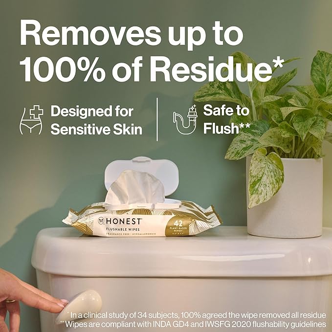 The Honest Company Flushable Wipes for Sensitive Skin, Hypoallergenic, Fragrance-Free, Gilded Wings Design, 126 Count