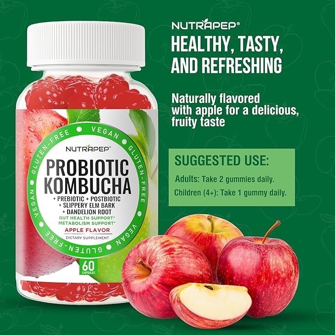NutraPep Probiotic Kombucha Gummies - Women Men Probiotic Prebiotic Probiotic Blend for Gut Health Bloating Metabolism Support with Slippery Elm Bark Dandelion Root - Vegan Gluten Free Apple Flavor