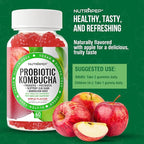 NutraPep Probiotic Kombucha Gummies - Women Men Probiotic Prebiotic Probiotic Blend for Gut Health Bloating Metabolism Support with Slippery Elm Bark Dandelion Root - Vegan Gluten Free Apple Flavor