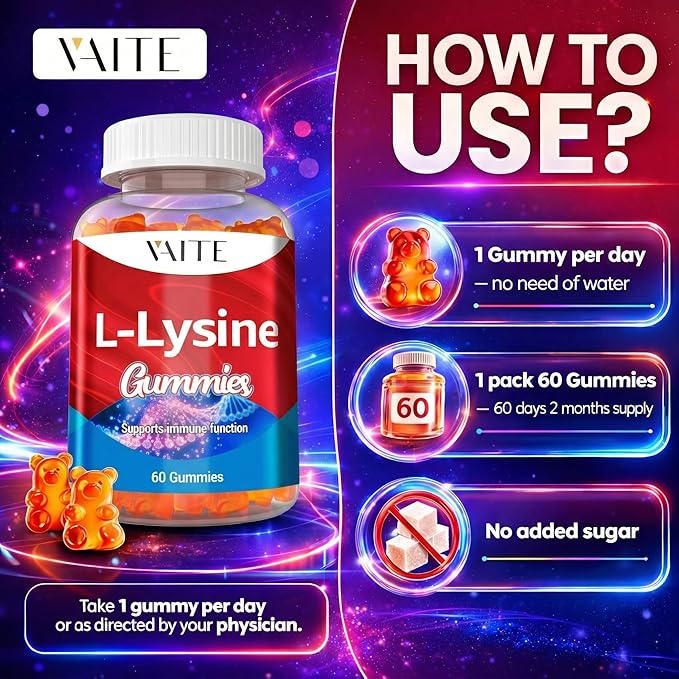 L-Lysine 1000mg Gummies - Supports Skin, Lip, Vegan, Gluten Free, 60 Chewable Lysine for Adults, Vitamins Tissue Health & Immune System, Amino Acid Vitamin Supplement & Complex Supplements (2 Pack)