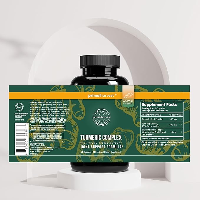 Primal Harvest 1 Pack, Primal Turmeric Complex w/Black Pepper Extract, Joint and Mobility Support Turmeric Supplement for Women & Men, 60 Capsules
