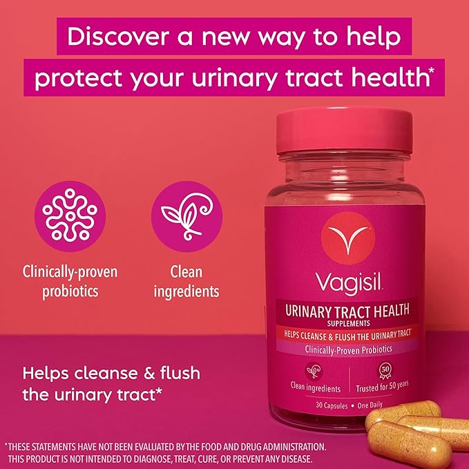 Vagisil Urinary Tract Health Supplements, Clinically-Proven Probiotics, Protects Urinary Tract Health, Clean Ingredients, Helps Cleanse and Flush UTI-Causing Bacteria, 1 Capsule Daily, 30 Capsules