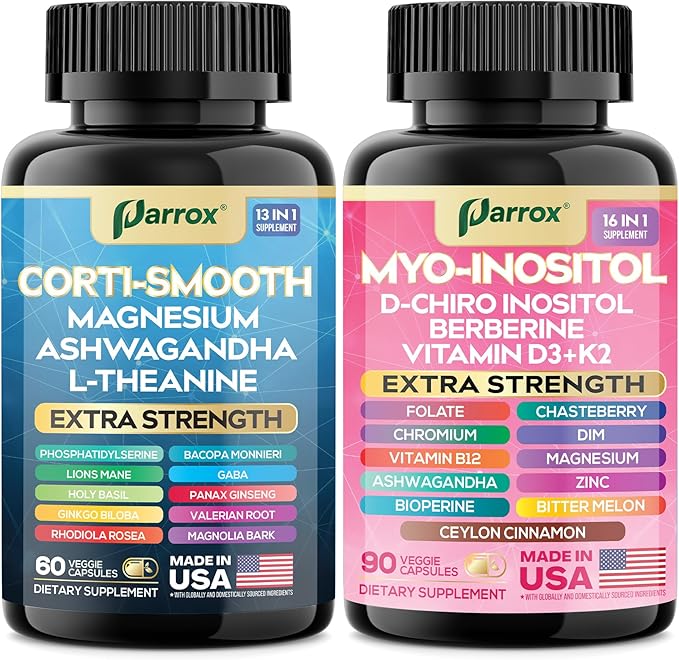Cortisol & Myo-Inositol Supplement Bundle, Soothe & Smooth Bundle, Cortisol Balance, GABA, Magnesium, Ashwagandha, L-Theanine, D-Chiro Inositol, Folate, Berberine, Chasteberry, Zinc (3 Pack)