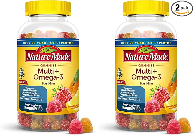 Nature Made Mens Multivitamin Gummies with Omega-3,Mens Gummy Multivitamins for Daily Nutritional Support,150 Gummy Vitamins and Minerals,75 Day Supply,(Pack of 2)