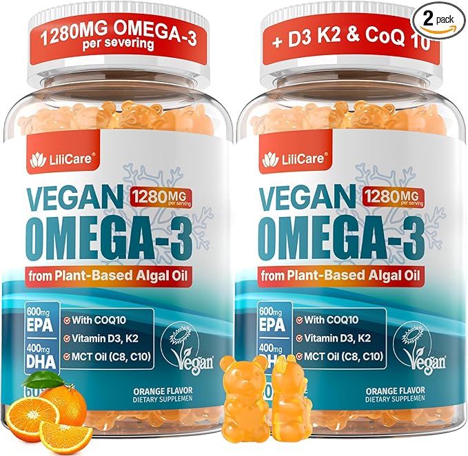 Vegan Omega-3 Gummies 1280mg + COQ10+ Vitamin D3 K2 (MK7), Omega 3 Fish Oil Alternative for Adults w/EPA 600mg & DHA 400mg & MCT Oil, No Fish Taste from Marine Algae, for Brain, Eye, Immunity, 2 Pack