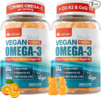 Vegan Omega-3 Gummies 1280mg + COQ10+ Vitamin D3 K2 (MK7), Omega 3 Fish Oil Alternative for Adults w/EPA 600mg & DHA 400mg & MCT Oil, No Fish Taste from Marine Algae, for Brain, Eye, Immunity, 2 Pack