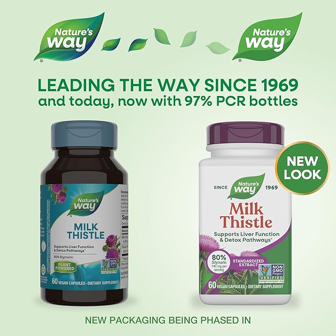 Nature's Way Milk Thistle, Supports Liver Function & Liver Detox Pathways*, 175 mg Milk Thistle Seed Extract Standardized to 80% Silymarin per Serving, Vegan, 60 Capsules (Packaging May Vary)