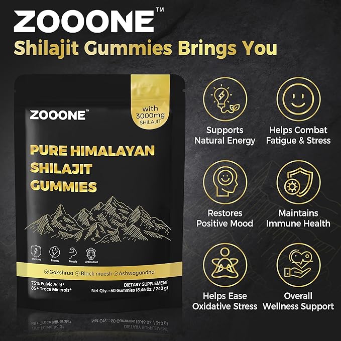 zooone Shilajit Himalayan Gummies with Ashwagandha & Black Musli Gokshura - Natural Energy No Artificial Fillers, Individual Packaging