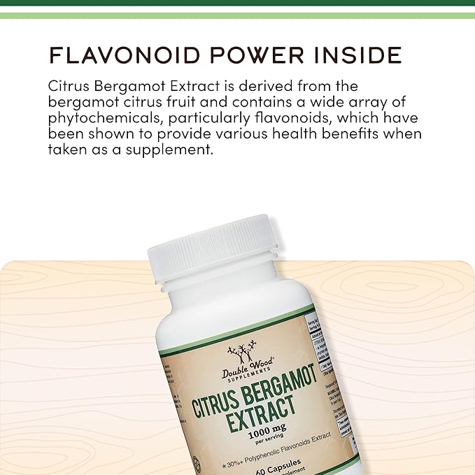 Citrus Bergamot Supplement, 1000mg, 60 Capsules - Supports Healthy Cholesterol & Triglyceride Levels - 1,000mg Servings (Bergamonte Standardization) by Double Wood