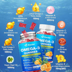 Vegan Omega-3 Gummies for Adults – Sugar-Free, Algae-Based DHA 600mg & EPA 300mg, with Vitamins A, C, E, Zinc – Omega 3 Fish Oil Alternative, 60 Count