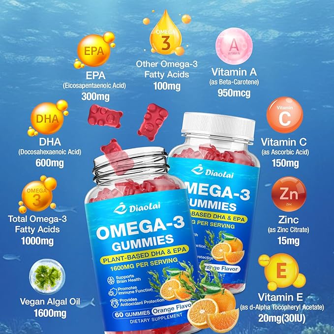 Vegan Omega-3 Gummies for Adults – Sugar-Free, Algae-Based DHA 600mg & EPA 300mg, with Vitamins A, C, E, Zinc – Omega 3 Fish Oil Alternative, 60 Count