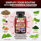 Iron Supplement, Slow Release Iron, Probiotics, Spirulina, Turmeric, Vitamin B6, Methylated B12, Vitamin C, Zinc, Beetroot, Nettle Leaf, Dandelion Root, Black Pepper, Extra Strength, 60 Capsules 3Pack