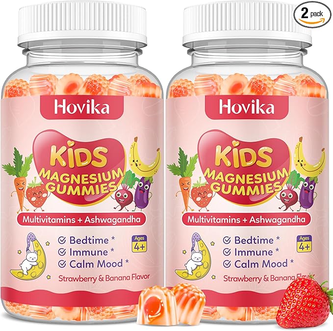 Magnesium Glycinate Gummies for Kids - Kids Magnesium Gummies, with L-Theanine, Chamomile & Multivitamins for Sleep, Calm & Focus - Strawberry Banana Center-Filled Gummies 60 ct (2 Pack)