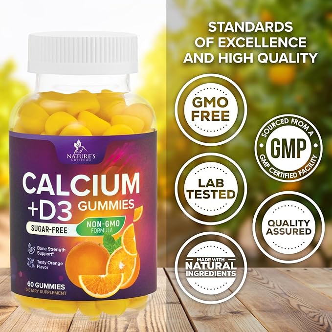 Calcium Supplement Gummies - Sugar Free Calcium Gummy with Vitamin D3 for Best Absorption - Supports Immune Health, Bones & Teeth - Nature's Calcium Chews for Women & Men - Orange Flavor - 60 Gummies