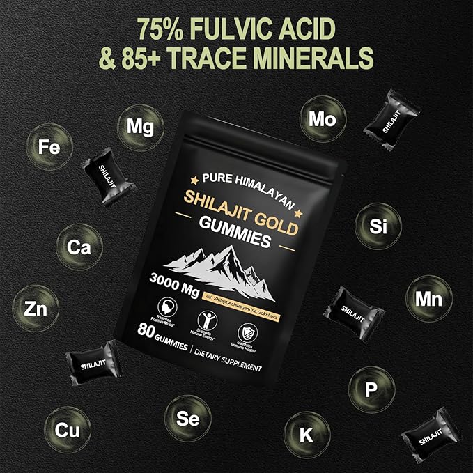 Shilajit Gummies for Men & Women, Rich in Ashwagandha Gaulshura Fulvic Acid 85 Micronutrients, No Added Sugar Non-GMO 100% Natural Organic, Energy Support & Overall Health, 80 Gummies