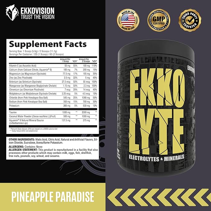 Ekkovision Ekkolyte Electrolytes and Minerals Powder, 50 MG Vitamin C & 155 MG Magnesium for Hydration Support, Essential Electrolytes for Women and Men, Pineapple Paradise Flavor, 120 Servings