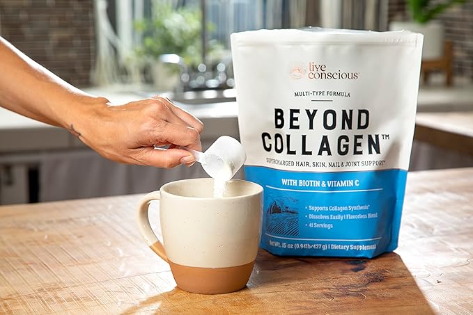 Live Conscious Beyond Collagen Multi Collagen Powder w/Types I, II, III, V & X - Keto Friendly, Hydrolyzed Collagen Peptides Powder Blend w/Biotin & Vitamin C (2-Pack)