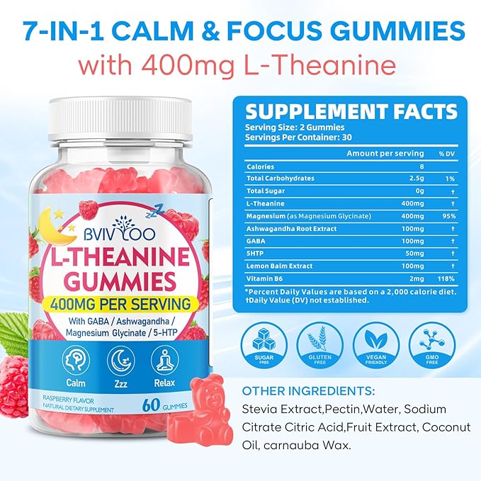 L-Theanine Gummies with L-Theanine 400 mg, Ashwagandha, GABA, 5-HTP, Magnesium Glycinate for Calm, ZZZ & Relaxation Support - Vegan, Raspberry Flavor, 120 Count