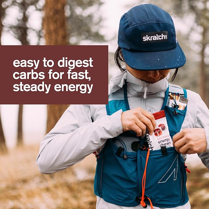 Skratch Labs Energy Chews with 50mg Caffeine | Caffeinated Gummies for Running, Cycling & Endurance Quick Carbs, Easy to Digest | Sour Cherry 10 Pack | Gluten Free, Vegan