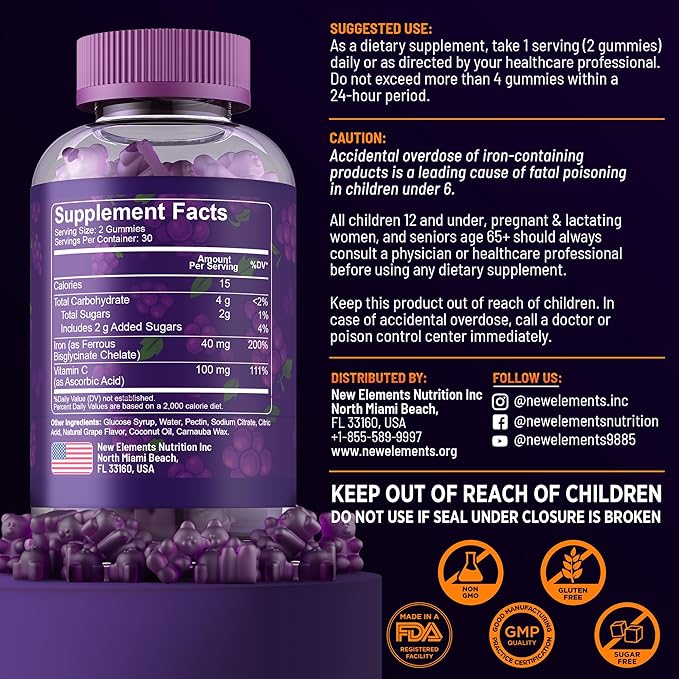 New Elements Iron Gummies 40mg with Vitamin C 100mg – Best Iron Supplement for Women, Men & Adults – Free Blood Builder for Anemia – Immune Support & Energy Booster | Fruit Pectin | Vegan | Non-GMO