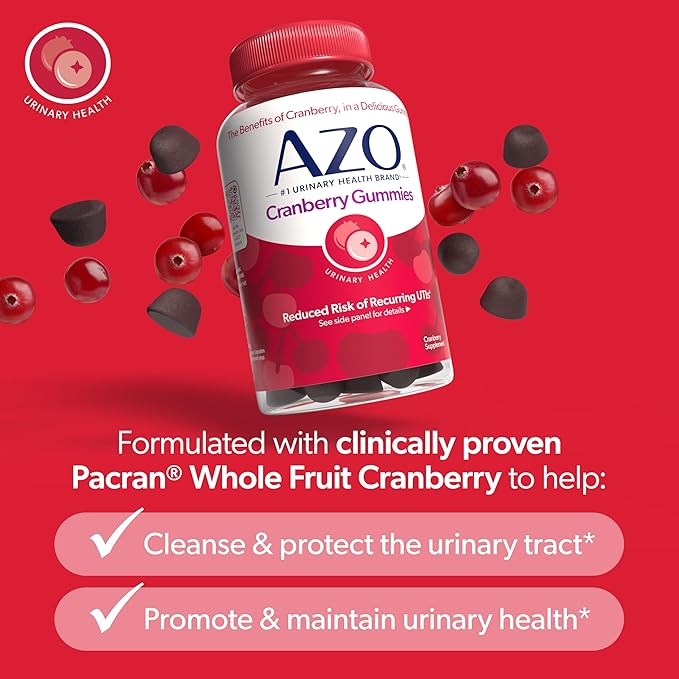 AZO Cranberry Urinary Tract Health Gummies Dietary Supplement 2 Gummies = Glass Cranberry Juice Helps Cleanse Protect Natural Berrylicious Flavor Gummies, Non-GMO, 40 Count