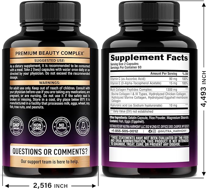 Multi Collagen Peptides - Hydrolyzed Types I, II, III, V & X - Collagen Supplement for Women 1300mg - w/ Hyaluronic Acid, Vitamins C & E - Skin, Hair, Nails & Joint Support - Made in USA, 120 Capsules