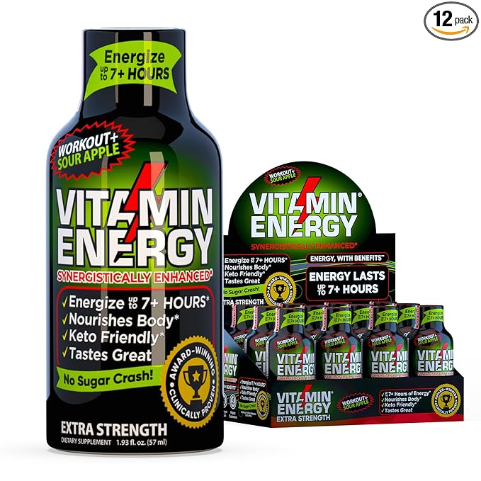 Vitamin Energy Workout+ Extra Strength Energy Shot Sour Apple 12 Pack, 260mg Natural Caffeine, Pre-Workout, B-Vitamins, Minerals, Endurance & Performance, Zero Sugar, Gluten-Free, Vegan, 1.93 fl oz