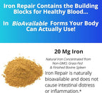 Iron Repair Simply Natural Iron Supplement, Best Absorption & Gentle on Stomach, Monash Low FODMAP, Raise Hemoglobin & Ferritin Iron Pills for Women, Men, Teens, & Pregnancy 90 Bovine Gelatin Capsules