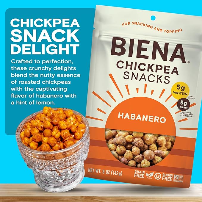 BIENA Chickpea Snacks - Crunchy Roasted Chickpeas - High Fiber Vegan Protein Snacks for Adults and Kids - 4-Pack, 5 Ounce - Habanero